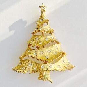 Vintage Christmas Tree Brooch, Antiqued Gold Tone With Multicoloured Rhinestones